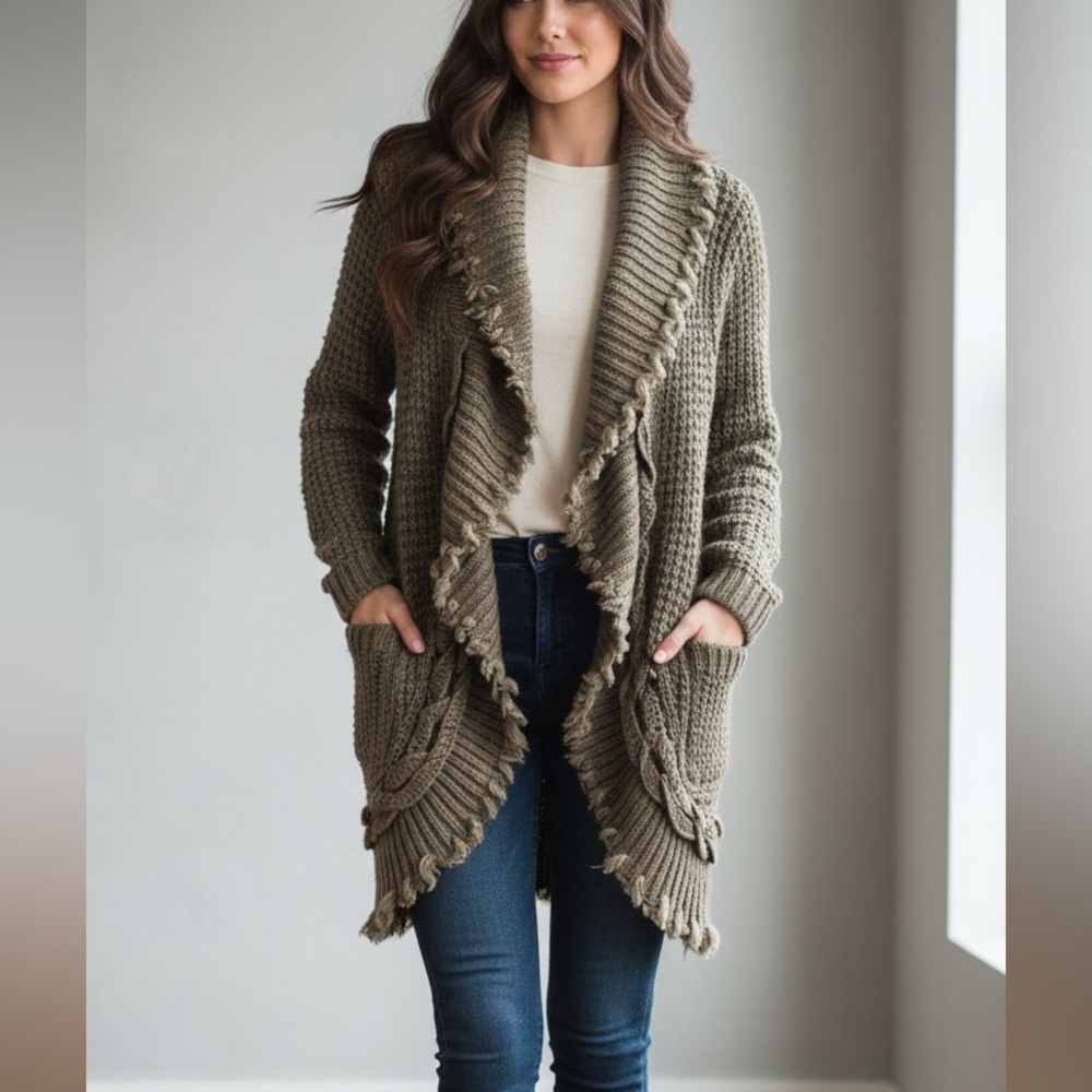 Boston Proper Ruffled Open Duster Cardigan Sweater Jacket Size Medium